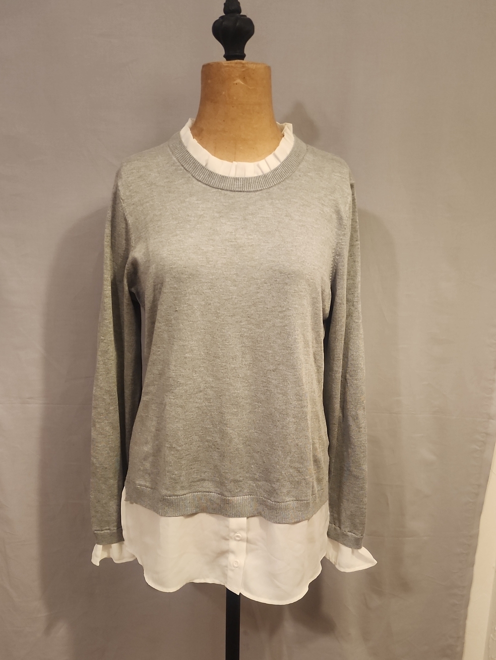 Adrianna Papell Grey Crewneck Sweater with White Layered Hem